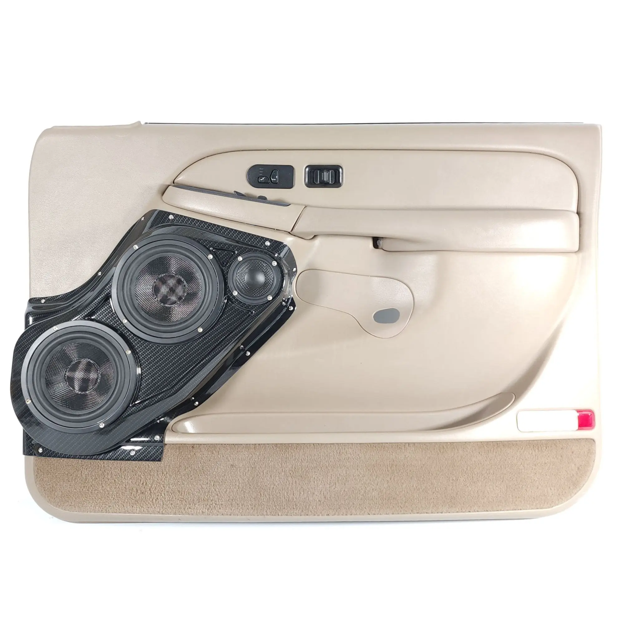 Front Door Dual 6.5 in and 3.5 in Speaker Pods for 2000-2006 Cadillac Escalade Chevrolet Avalanche Silverado Tahoe Suburban GMC Sierra Yukon Front Door Custom Speaker Pods for the 2000-2006 Cadillac Escalade Chevrolet Avalanche Silverado Tahoe Suburban GMC Sierra Yukon to hold Dual 6.5 in and 3.5 in speakers for car audio installation upgrade