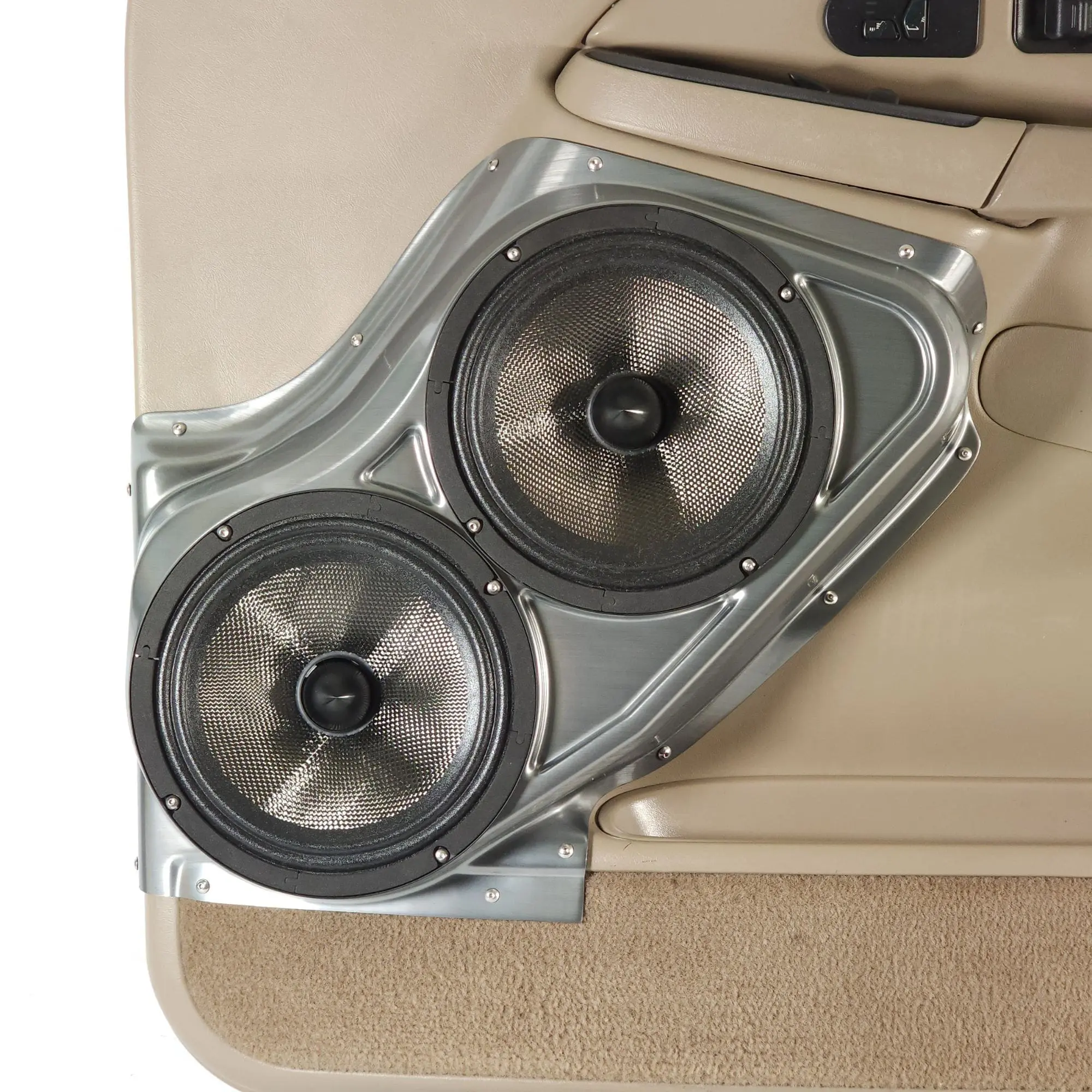 Front Door Dual 8.0 in Speaker Pods for 2000-2006 Cadillac Escalade Chevrolet Avalanche Silverado Tahoe Suburban GMC Sierra Yukon Front Door Custom Speaker Pods for the 2000-2006 Cadillac Escalade Chevrolet Avalanche Silverado Tahoe Suburban GMC Sierra Yukon to hold Dual 8.0 in speakers for car audio installation upgrade