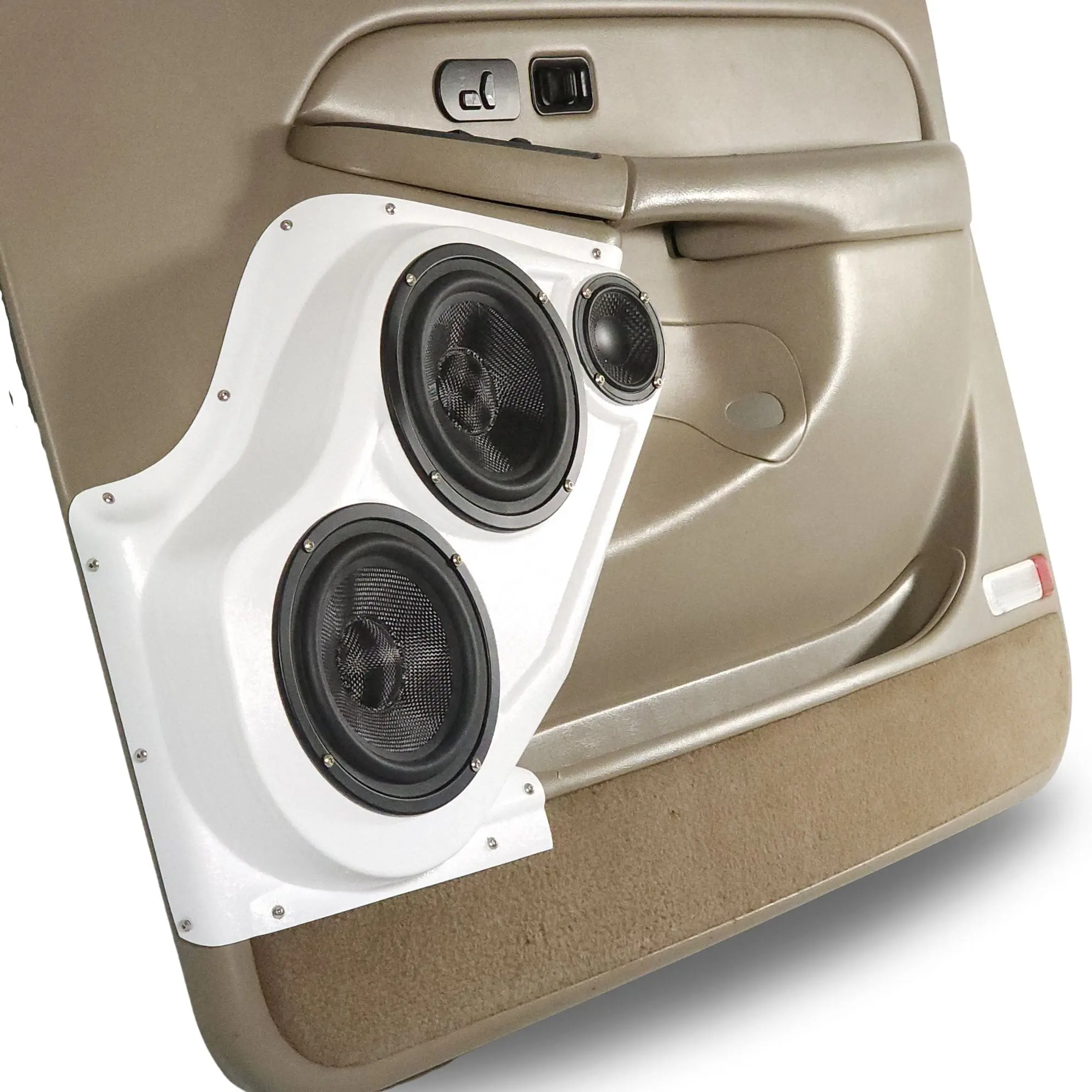 Front Door Dual 6.5 in and 3.5 in Speaker Pods for 2000-2006 Cadillac Escalade Chevrolet Avalanche Silverado Tahoe Suburban GMC Sierra Yukon Front Door Custom Speaker Pods for the 2000-2006 Cadillac Escalade Chevrolet Avalanche Silverado Tahoe Suburban GMC Sierra Yukon to hold Dual 6.5 in and 3.5 in speakers for car audio installation upgrade