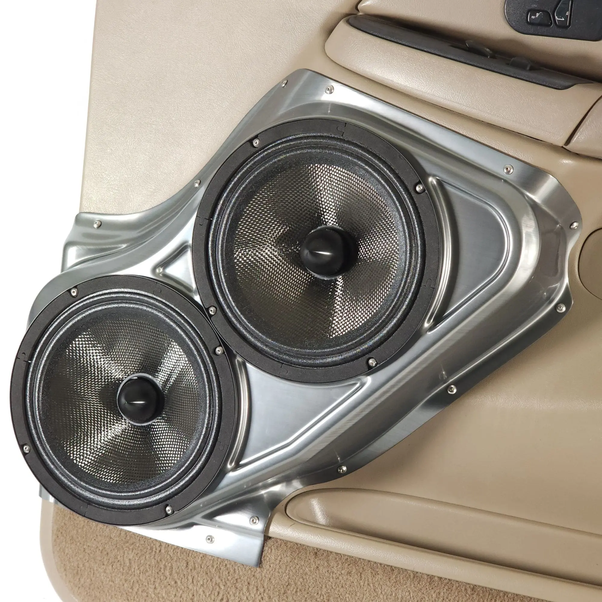 Front Door Dual 8.0 in Speaker Pods for 2000-2006 Cadillac Escalade Chevrolet Avalanche Silverado Tahoe Suburban GMC Sierra Yukon Front Door Custom Speaker Pods for the 2000-2006 Cadillac Escalade Chevrolet Avalanche Silverado Tahoe Suburban GMC Sierra Yukon to hold Dual 8.0 in speakers for car audio installation upgrade