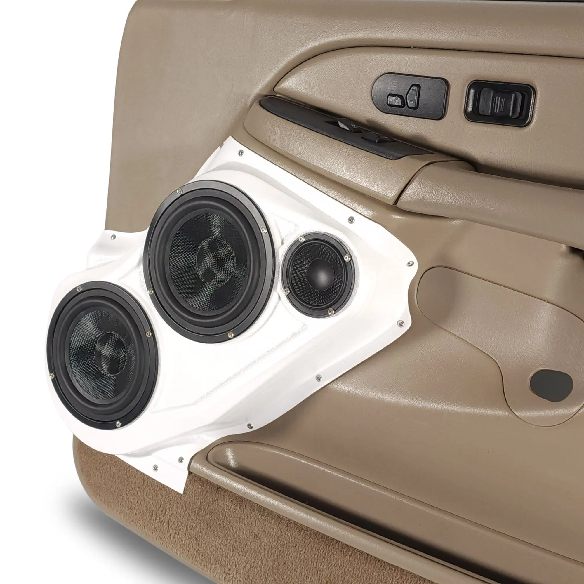 Front Door Dual 6.5 in and 3.5 in Speaker Pods for 2000-2006 Cadillac Escalade Chevrolet Avalanche Silverado Tahoe Suburban GMC Sierra Yukon Front Door Custom Speaker Pods for the 2000-2006 Cadillac Escalade Chevrolet Avalanche Silverado Tahoe Suburban GMC Sierra Yukon to hold Dual 6.5 in and 3.5 in speakers for car audio installation upgrade