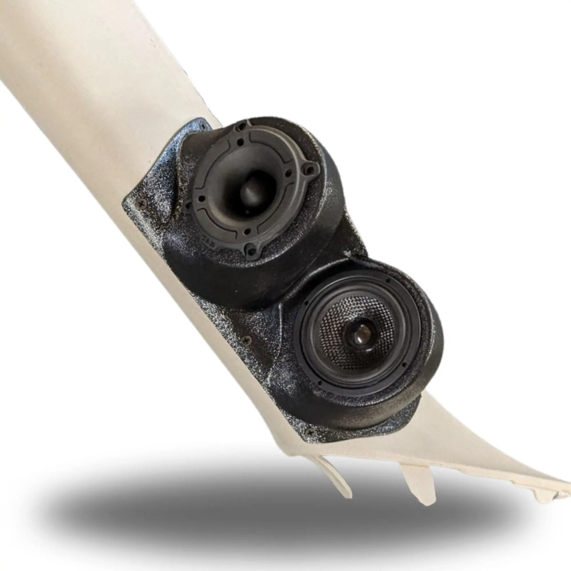 A-Pillar Dual 3.5 in Speaker Pods for 2007-2009 Cadillac Escalade Chevrolet Avalanche Tahoe Silverado Suburban GMC Yukon Sierra A-Pillar Custom Speaker Pods for the 2007-2009 Cadillac Escalade Chevrolet Avalanche Tahoe Silverado Suburban GMC Yukon Sierra to hold Dual 3.5 in speakers for car audio installation upgrade