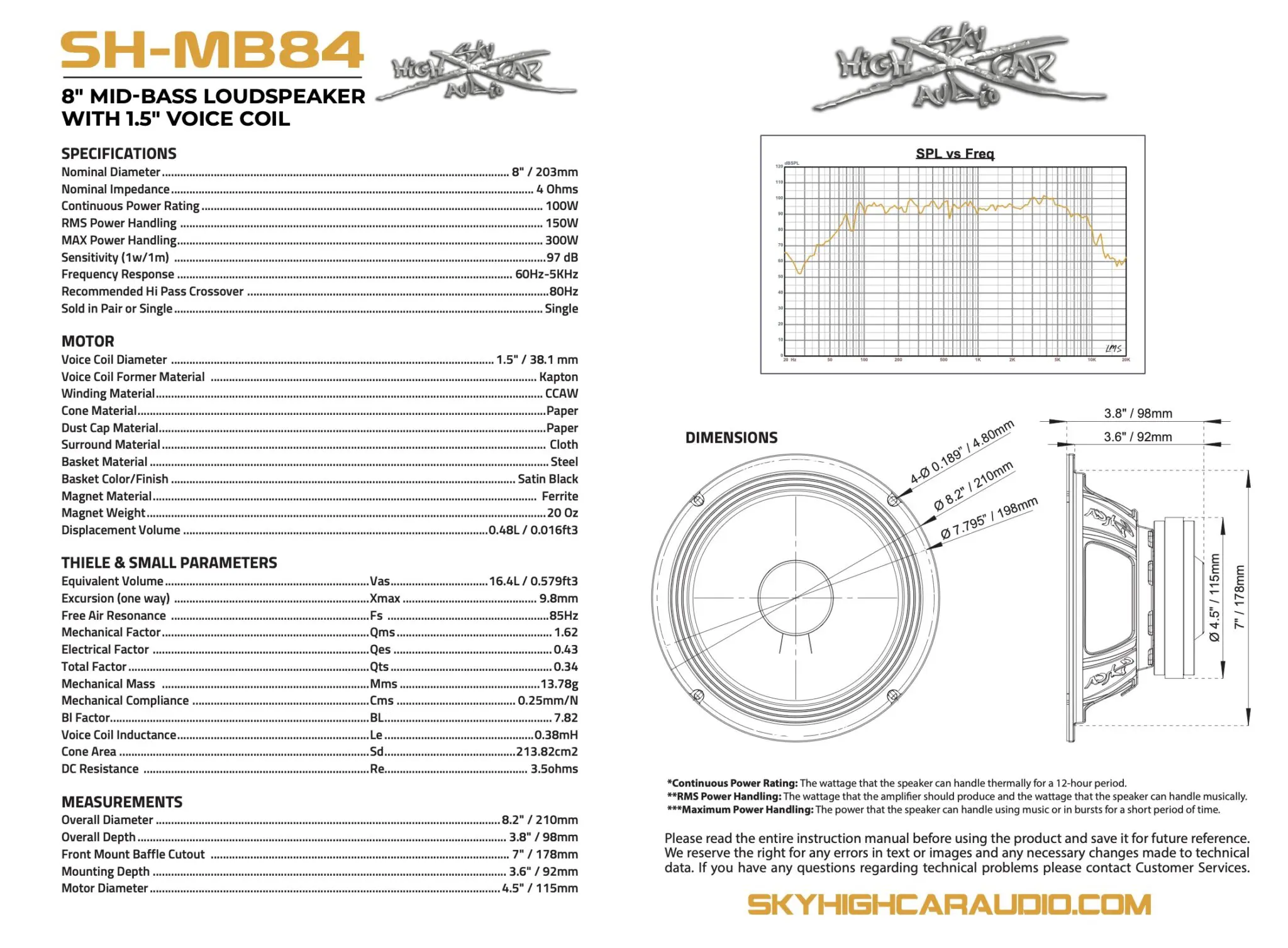 SHCA Pro Audio MB84 8" Mid-Bass Loudspeaker with 1.5" Voice Coil () - Image 5