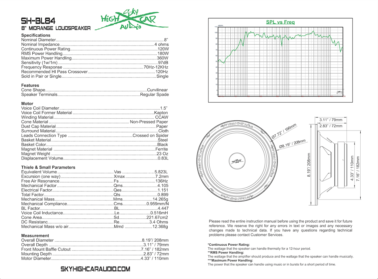 Sky High Car Audio SH-BL84 8" 4 ohm Midrange Loudspeaker - Image 8