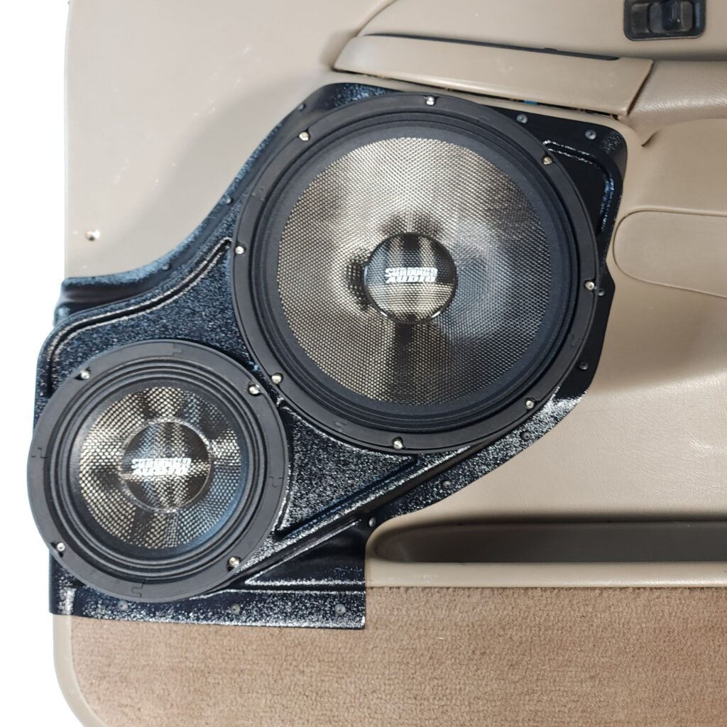 center ortho Speaker Upgrade for the Front Door of your 2000-2006 Chevrolet Tahoe, Suburban, Avalanche, Silverado. GMC Yukon, Sierra. Cadillac Escalade. Easy installation of a 10" and 6.5" Midrange for the most powerful car stereo possible.