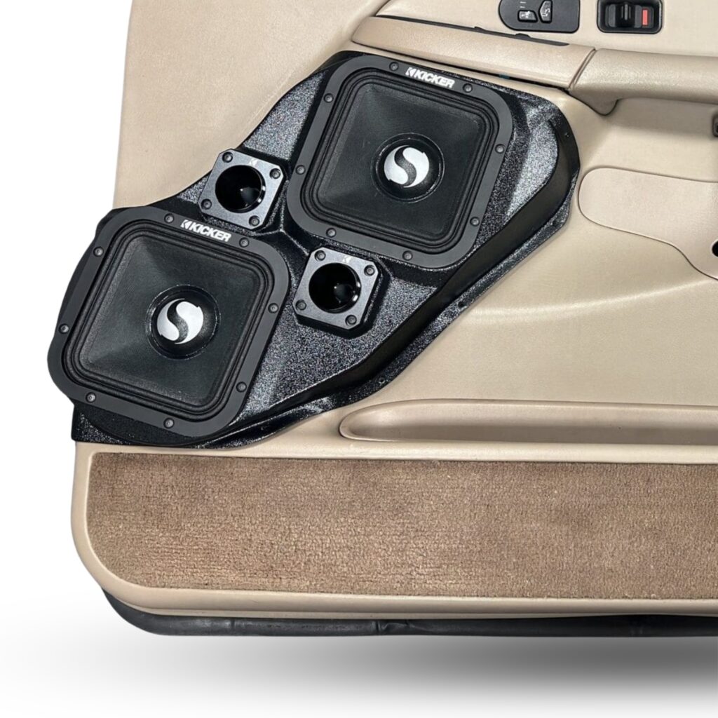 center ortho Speaker Upgrade for the Front Door of your 2000-2006 Chevrolet Tahoe, Suburban, Avalanche, Silverado. GMC Yukon, Sierra. Cadillac Escalade. Easy installation of a Dual 7" Square Midrange and Dual Tweeter for the most powerful car stereo possible.