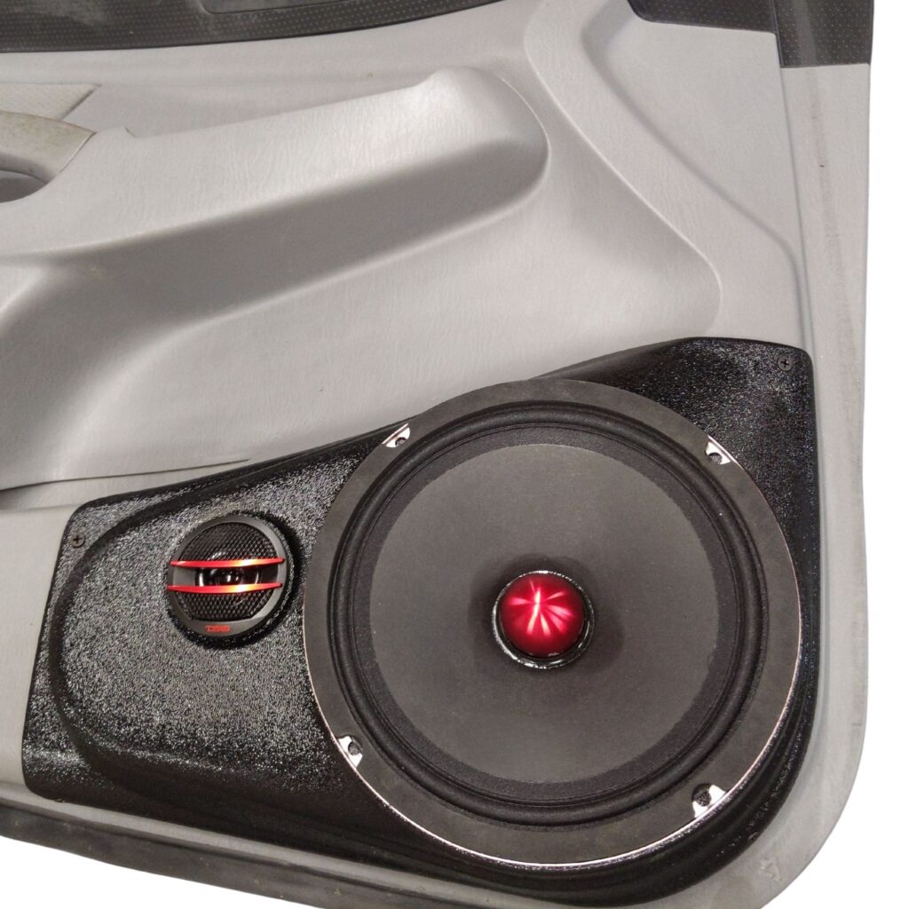 center ortho Speaker Upgrade for the Front Door of your 2009-2015 Toyota Tacoma. Easy installation of a 8" Midrange and Tweeter for the most powerful car stereo possible.