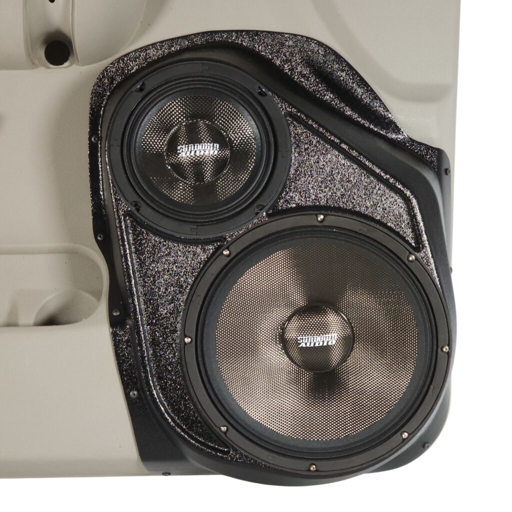 center ortho Speaker Upgrade for the Front Door of your 2007-2009 Chevrolet Silverado, GMC Sierra. Easy installation of a 10" and 6.5" Midrange for the most powerful car stereo possible.