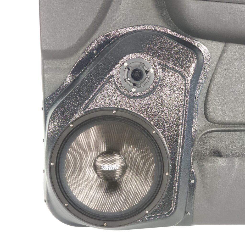 center ortho Speaker Upgrade for the Front Door of your 2007-2009 Chevrolet Tahoe, Suburban, Avalanche, Silverado. GMC Yukon, Sierra. Cadillac Escalade. Easy installation of a 10" and 3.5" Super Tweeter for the most powerful car stereo possible.