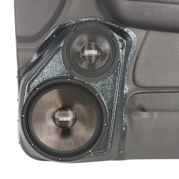 center ortho Speaker Upgrade for the Front Door of your 2007-2009 Chevrolet Tahoe, Suburban, Avalanche, Silverado. GMC Yukon, Sierra. Cadillac Escalade. Easy installation of a 10" and 6.5" Midrange for the most powerful car stereo possible.