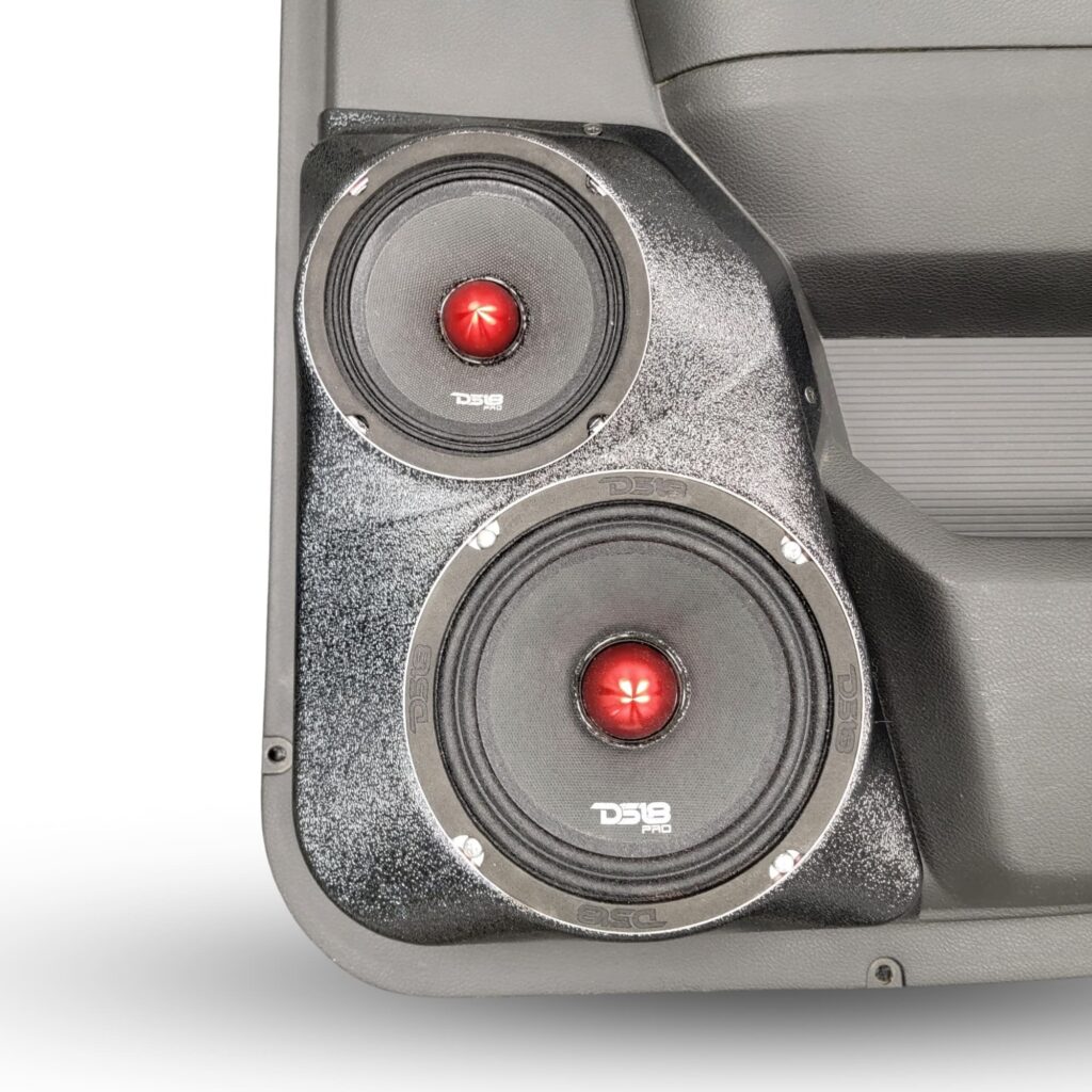 center ortho Speaker Upgrade for the Rear Door of your 2009-2018 Dodge Ram 1500, 2500. 2019-2024 Dodge Ram 2500, 1500 Classic. Easy installation of a 6.5" and 5.25" Midrange for the most powerful car stereo possible.