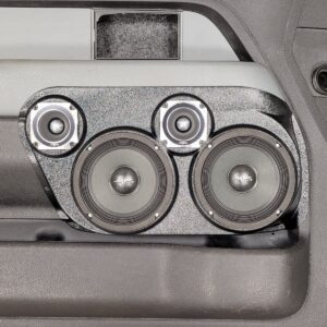 center ortho Speaker Upgrade for the Front Door of your 2009-2014 Ford F150. Easy installation of a Dual 6.5" Midrange and Dual 3.5" Super Tweeter for the most powerful car stereo possible.