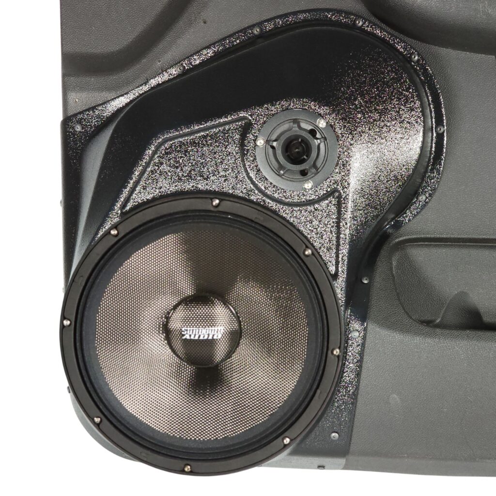 center ortho Speaker Upgrade for the Front Door of your 2010-2014 Chevrolet Tahoe, Suburban, Avalanche, Silverado. GMC Yukon, Sierra. Cadillac Escalade. Easy installation of a 10" and 3.5" Super Tweeter for the most powerful car stereo possible.