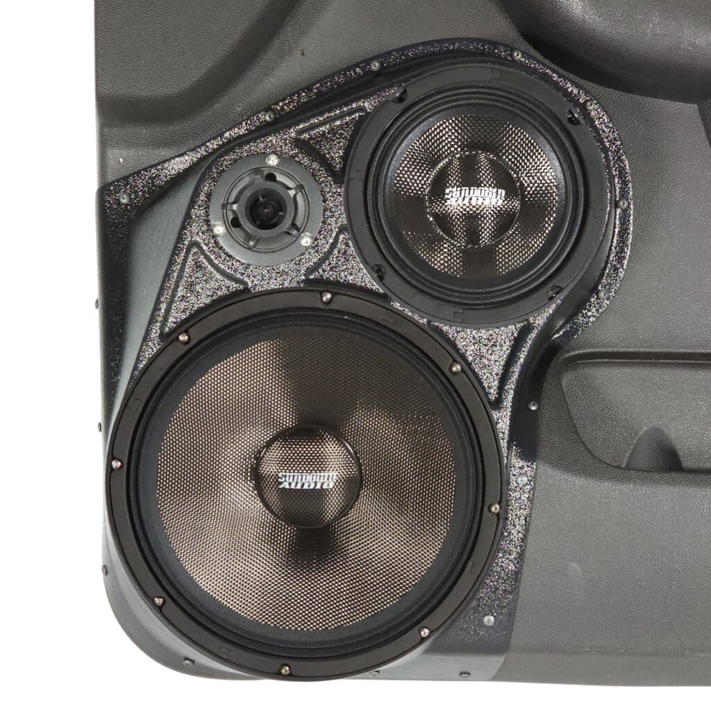 center ortho Speaker Upgrade for the Front Door of your 2010-2014 Chevrolet Tahoe, Suburban, Avalanche, Silverado. GMC Yukon, Sierra. Cadillac Escalade. Easy installation of a 10", 6.5" and 3.5" Super Tweeter for the most powerful car stereo possible.