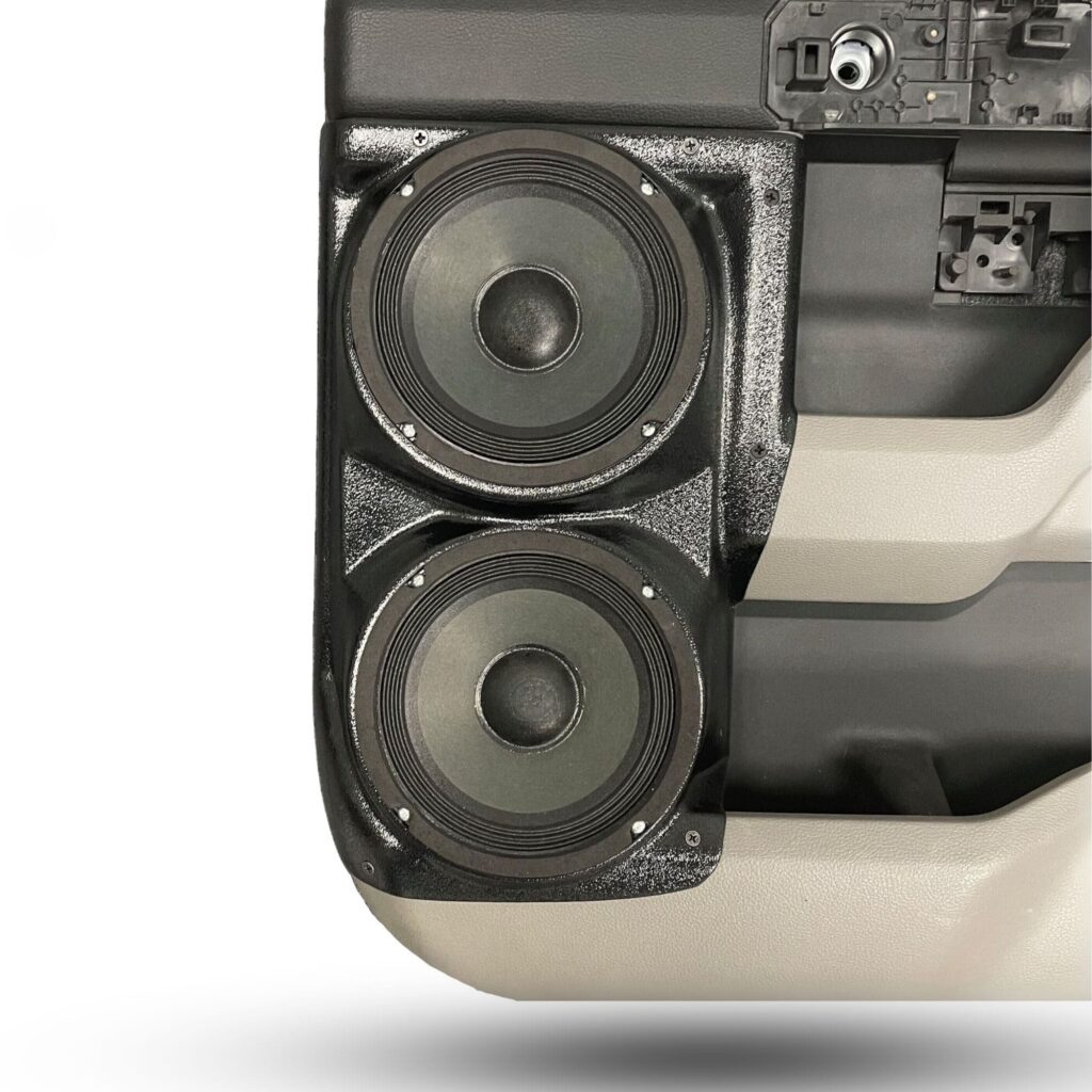 center ortho Speaker Upgrade for the Rear Door of your 2017-2020 Ford F250, F350. Easy installation of a Dual 6.5" Midrange for the most powerful car stereo possible.