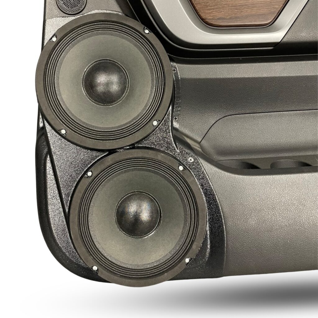 center ortho Speaker Upgrade for the Rear Door of your 2016-2024 Nissan Titan. Easy installation of a Dual 8" Midrange for the most powerful car stereo possible.