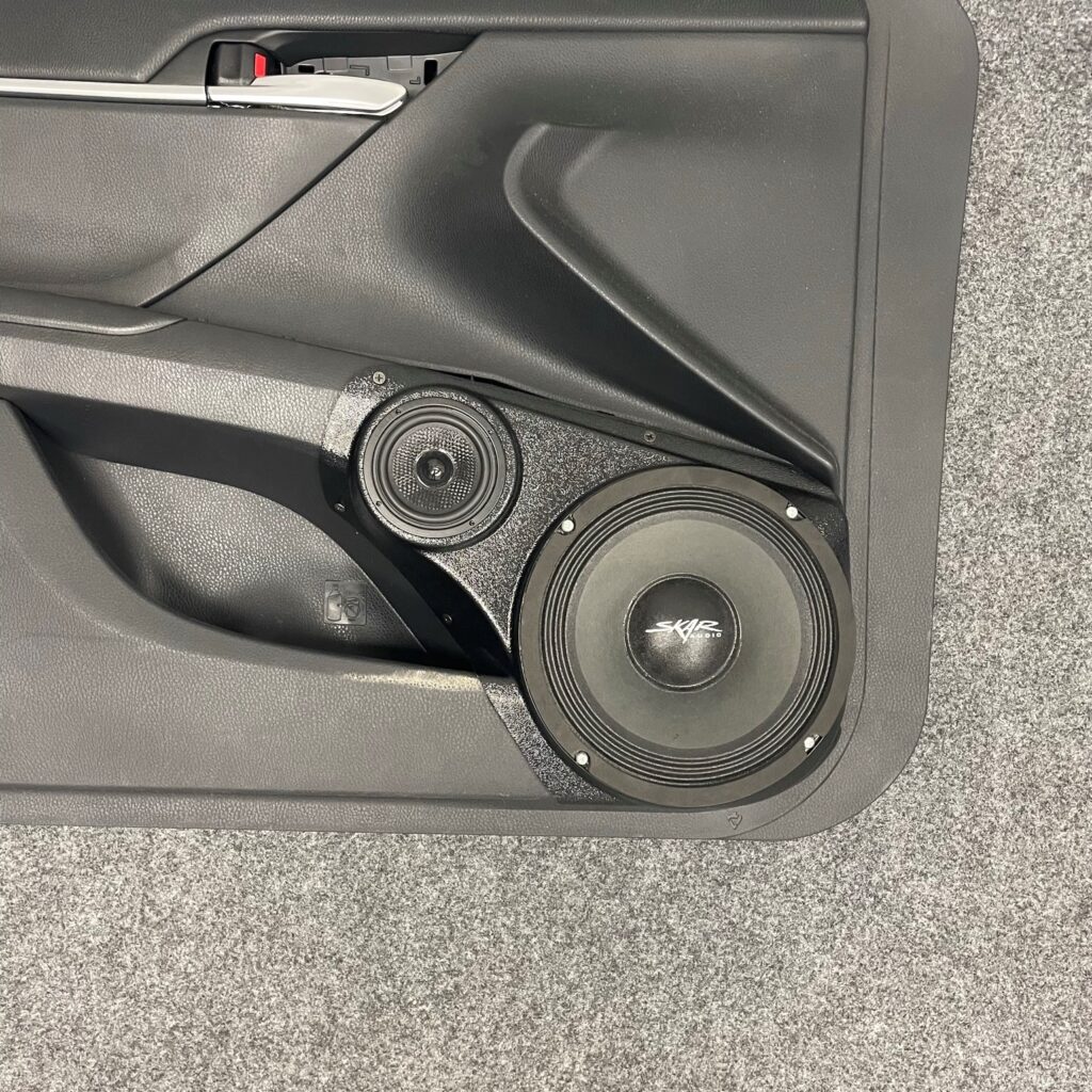 center ortho Speaker Upgrade for the Front Door of your 2018-2024 Toyota Camry. Easy installation of a 8" and 3.5" Super Tweeter for the most powerful car stereo possible.