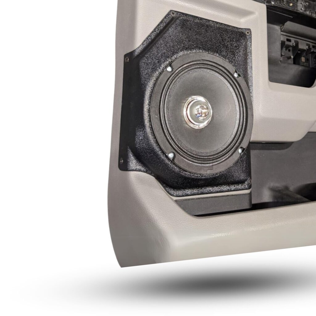 left 3 Speaker Upgrade for the Rear Door of your 2017-2020 Ford F250, F350. Easy installation of a Single 6.5" Midrange for the most powerful car stereo possible.