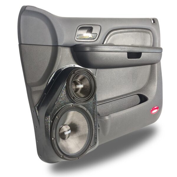 left full Speaker Upgrade for the Front Door of your 2007-2009 Chevrolet Tahoe, Suburban, Avalanche, Silverado. GMC Yukon, Sierra. Cadillac Escalade. Easy installation of a 10" and 6.5" Midrange for the most powerful car stereo possible.