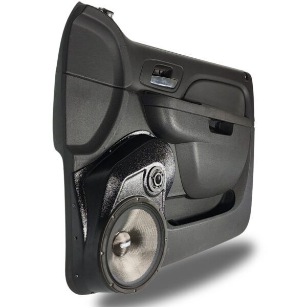 left full Speaker Upgrade for the Front Door of your 2010-2014 Chevrolet Tahoe, Suburban, Avalanche, Silverado. GMC Yukon, Sierra. Cadillac Escalade. Easy installation of a 10" and 3.5" Super Tweeter for the most powerful car stereo possible.