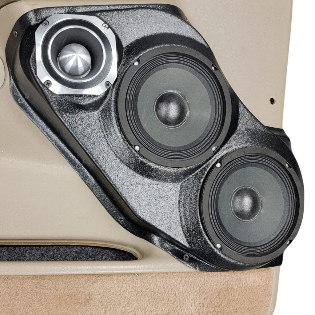 left ortho Speaker Upgrade for the Front Door of your 2000-2006 Chevrolet Tahoe, Suburban, Avalanche, Silverado. GMC Yukon, Sierra. Cadillac Escalade. Easy installation of a Dual 6.5" Midrange and Single 4" for the most powerful car stereo possible.