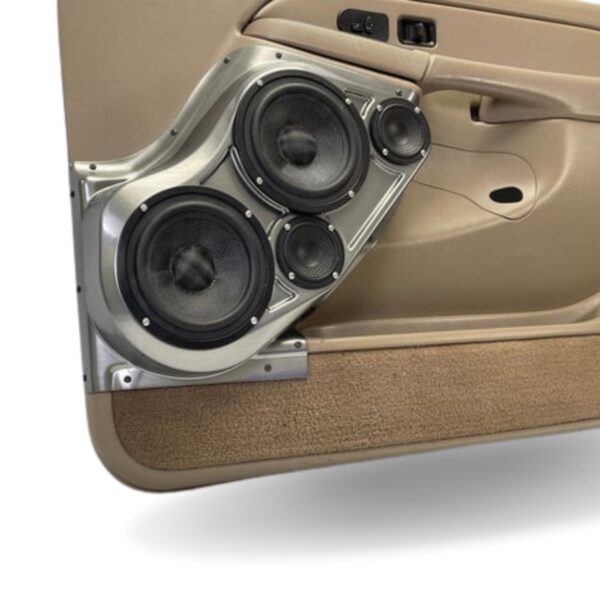 left ortho Speaker Upgrade for the Front Door of your 2000-2006 Chevrolet Tahoe, Suburban, Avalanche, Silverado. GMC Yukon, Sierra. Cadillac Escalade. Easy installation of a Dual 6.5" Midrange and Dual 3.5" Super Tweeter for the most powerful car stereo possible.