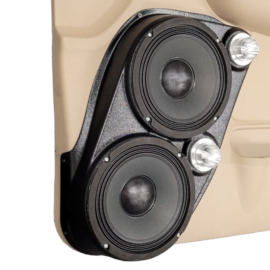 left ortho Speaker Upgrade for the Front Door of your 2007-2009 Chevrolet Tahoe, Suburban, Avalanche, Silverado. GMC Yukon, Sierra. Cadillac Escalade. Easy installation of a Dual 8" and Dual Tweeter for the most powerful car stereo possible.