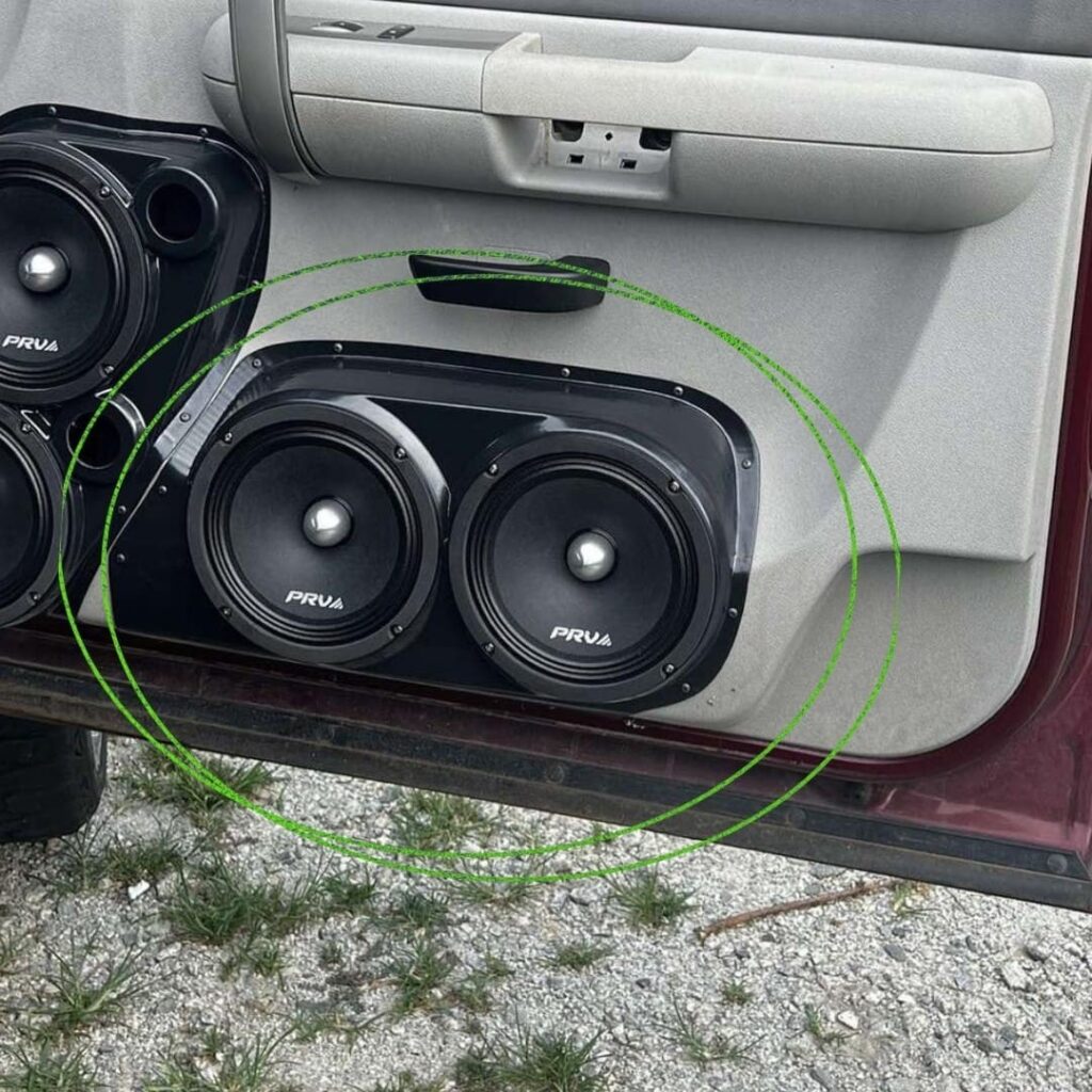 right ortho Speaker Upgrade for the Front Door of your 2007-2009 Chevrolet Silverado, GMC Sierra. Easy installation of a Dual 8" Midrange for the most powerful car stereo possible.