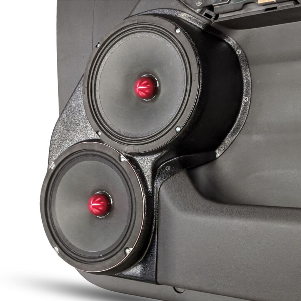 right ortho Speaker Upgrade for the Front Door of your 2019-2023 Chevrolet Silverado, GMC Sierra. Easy installation of a Dual 8" Midrange for the most powerful car stereo possible.