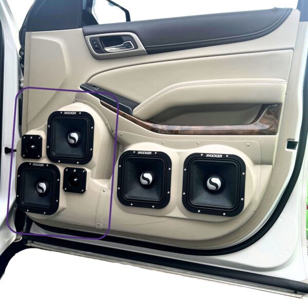 top center Speaker Upgrade for the Front Door of your 2015-2020 Chevrolet Tahoe, Suburban, GMC Yukon. Easy installation of a Dual 7" Square Midrange and Dual Super Tweeter for the most powerful car stereo possible.