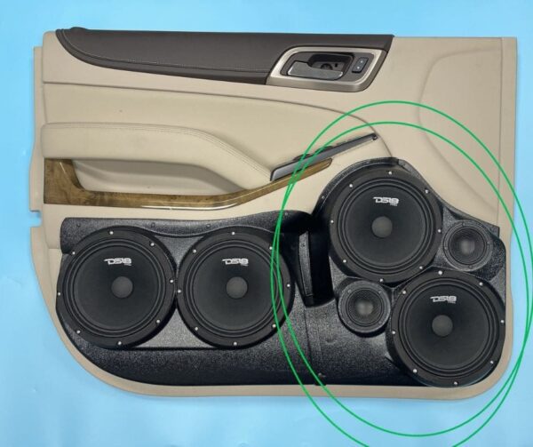 top center Speaker Upgrade for the Front Door of your 2015-2020 Chevrolet Tahoe, Suburban, GMC Yukon. Easy installation of a Dual 8" Midrange for the most powerful car stereo possible.