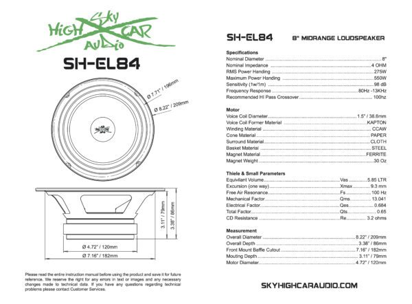 SHCA Pro Audio EL84 8" Midrange Midbass Speaker 275 Watts 4 ohm (Single) - Image 4