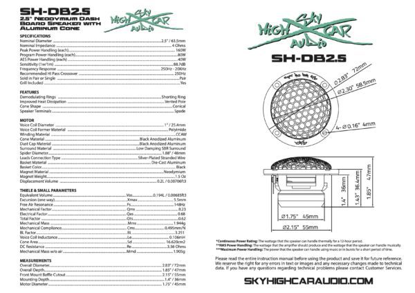 Sky High Car Audio SH-DB2.5 2.5" Neodymium Dash Board Speaker with Aluminum Cone - Image 5