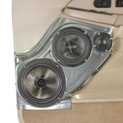 Front Door Custom Speaker Pods for the 2000-2006 Cadillac Escalade Chevrolet Avalanche Silverado Tahoe Suburban GMC Sierra Yukon to hold 8.0 in and 6.5 in and 3.5 in speakers for car audio installation upgrade