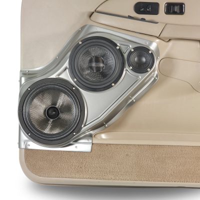 Front Door Custom Speaker Pods for the 2000-2006 Cadillac Escalade Chevrolet Avalanche Silverado Tahoe Suburban GMC Sierra Yukon to hold 8.0 in and 6.5 in and 3.5 in speakers for car audio installation upgrade