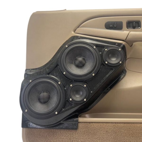 Front Door Custom Speaker Pods for the 2000-2006 Cadillac Escalade Chevrolet Avalanche Silverado Tahoe Suburban GMC Sierra Yukon to hold Dual 6.5 in and Dual 3.5 in  speakers for car audio installation upgrade