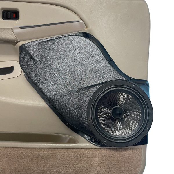 Front Door Custom Speaker Pods for the 2000-2006 Cadillac Escalade Chevrolet Avalanche Silverado Tahoe Suburban GMC Sierra Yukon to hold 8.0 in  speakers for car audio installation upgrade