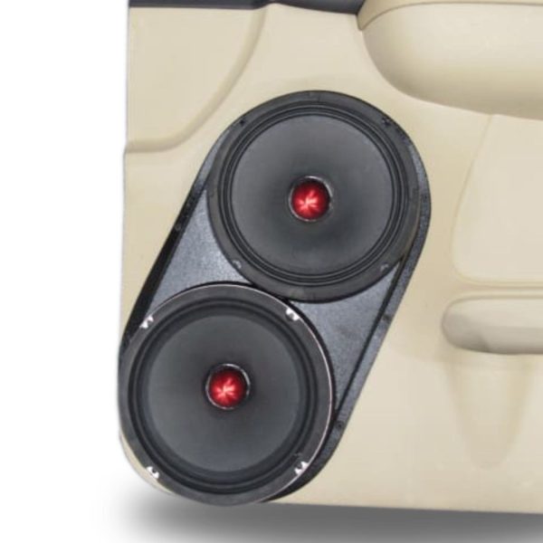 center ortho Speaker Upgrade for the Front Door of your 2007-2009 Chevrolet Tahoe, Suburban, Avalanche, Silverado. GMC Yukon, Sierra. Cadillac Escalade. Easy installation of a Dual 8" Midrange for the most powerful car stereo possible.