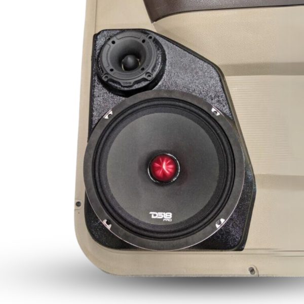 center ortho Speaker Upgrade for the Rear Door of your 2009-2018 Dodge Ram 1500, 2500. 2019-2024 Dodge Ram 2500, 1500 Classic. Easy installation of a 8" Midrange and Tweeter for the most powerful car stereo possible.