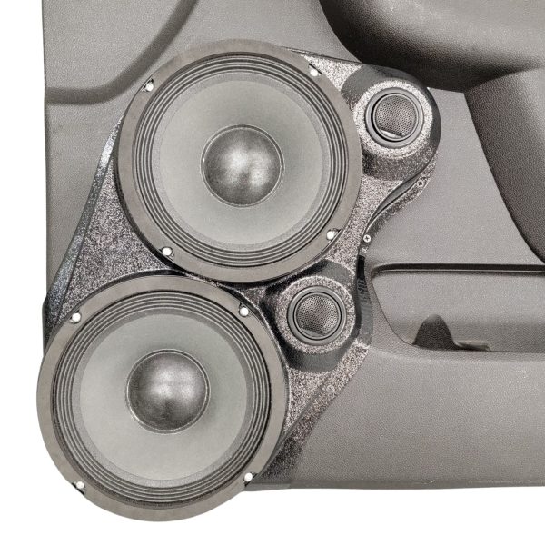 center ortho Speaker Upgrade for the Front Door of your 2010-2014 Chevrolet Tahoe, Suburban, Avalanche, Silverado. GMC Yukon, Sierra. Cadillac Escalade. Easy installation of a Dual 8" and Dual Tweeter for the most powerful car stereo possible.