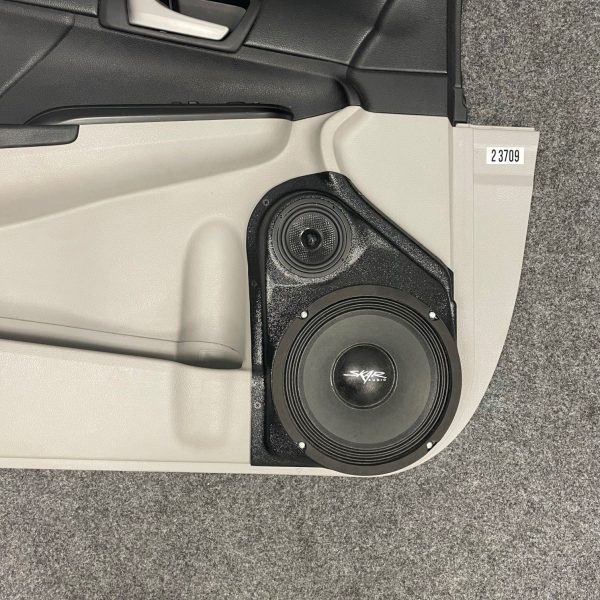Front Door Custom Speaker Pods for the 2012-2017 Toyota Camry to hold 8.0 in and 3.5 in speakers for car audio installation upgrade