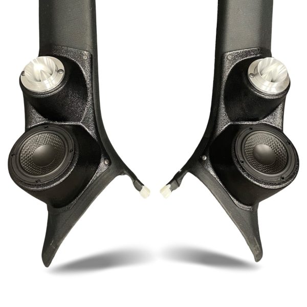 A-Pillar Custom Speaker Pods for the 2015-2018 Porsche Macan to hold 3.5 in and 2.0 in  speakers for car audio installation upgrade