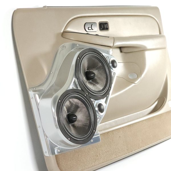 left full Speaker Upgrade for the Front Door of your 2000-2006 Chevrolet Tahoe, Suburban, Avalanche, Silverado. GMC Yukon, Sierra. Cadillac Escalade. Easy installation of a Dual 8" and Dual Tweeter for the most powerful car stereo possible.