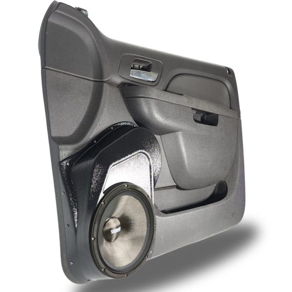 left full Speaker Upgrade for the Front Door of your 2010-2014 Chevrolet Tahoe, Suburban, Avalanche, Silverado. GMC Yukon, Sierra. Cadillac Escalade. Easy installation of a Single 10" Midrange for the most powerful car stereo possible.