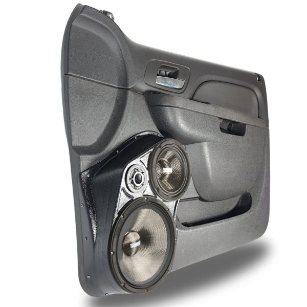 left full Speaker Upgrade for the Front Door of your 2010-2014 Chevrolet Tahoe, Suburban, Avalanche, Silverado. GMC Yukon, Sierra. Cadillac Escalade. Easy installation of a 10", 6.5" and 3.5" Super Tweeter for the most powerful car stereo possible.