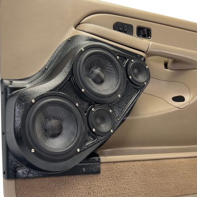 Front Door Custom Speaker Pods for the 2000-2006 Cadillac Escalade Chevrolet Avalanche Silverado Tahoe Suburban GMC Sierra Yukon to hold Dual 6.5 in and Dual 3.5 in  speakers for car audio installation upgrade
