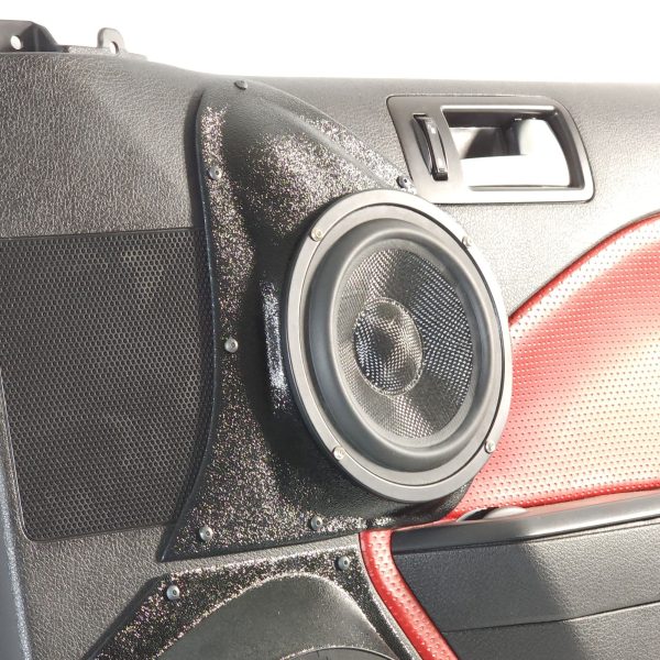 left ortho Speaker Upgrade for the Front Door of your 2005-2009 Ford Mustang. Easy installation of a Single 6.5" Midrange for the most powerful car stereo possible.