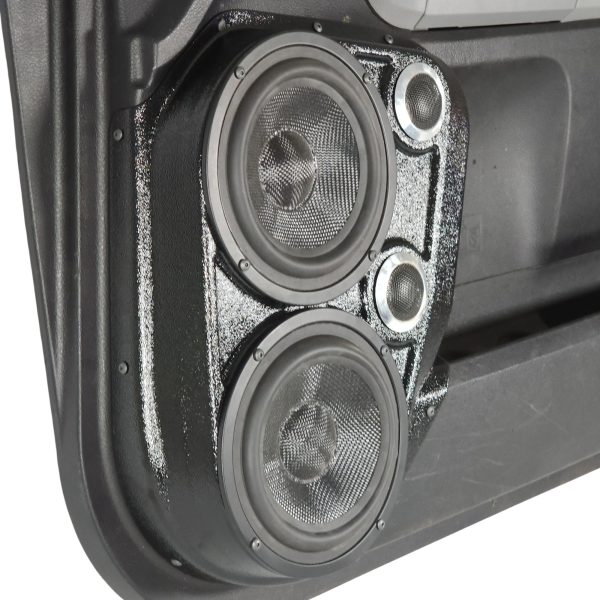 left ortho Speaker Upgrade for the Front Door of your 2007-2013 Toyota Tundra. Easy installation of a Dual 6.5" Midrange and Dual Tweeter for the most powerful car stereo possible.