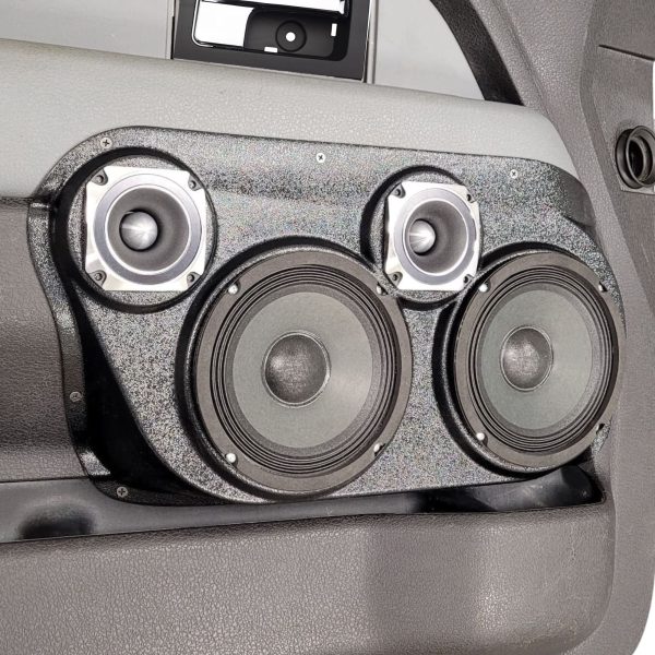 left ortho Speaker Upgrade for the Front Door of your 2009-2014 Ford F150. Easy installation of a Dual 6.5" Midrange and Dual 3.5" Super Tweeter for the most powerful car stereo possible.