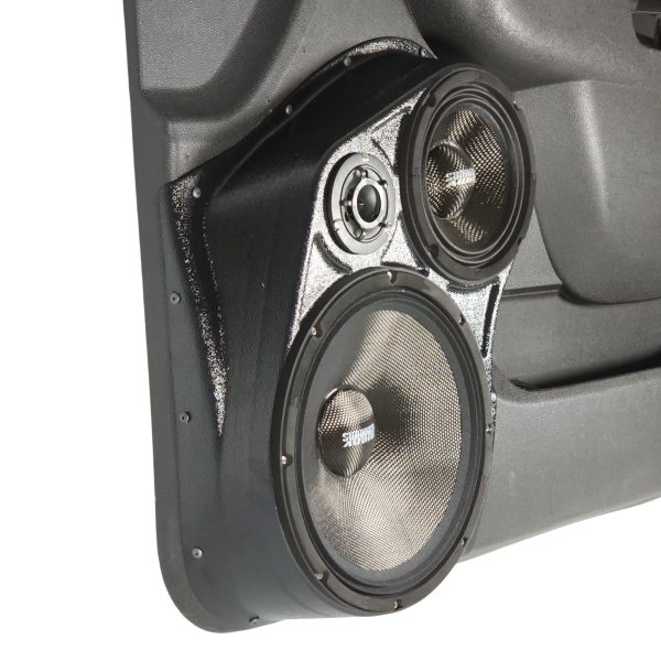 left ortho Speaker Upgrade for the Front Door of your 2010-2014 Chevrolet Tahoe, Suburban, Avalanche, Silverado. GMC Yukon, Sierra. Cadillac Escalade. Easy installation of a 10", 6.5" and 3.5" Super Tweeter for the most powerful car stereo possible.